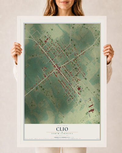 Map of Clio, South Carolina, 24 x 36 inch print in a white wood frame