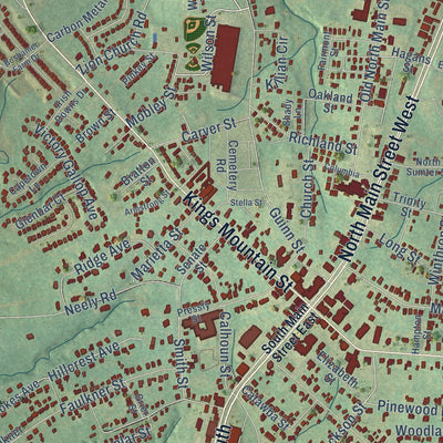 Close-up of the map of Clover, South Carolina print showing street and building detail