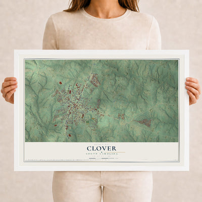 Map of Clover, South Carolina, 12 x 18 inch print in a white wood frame
