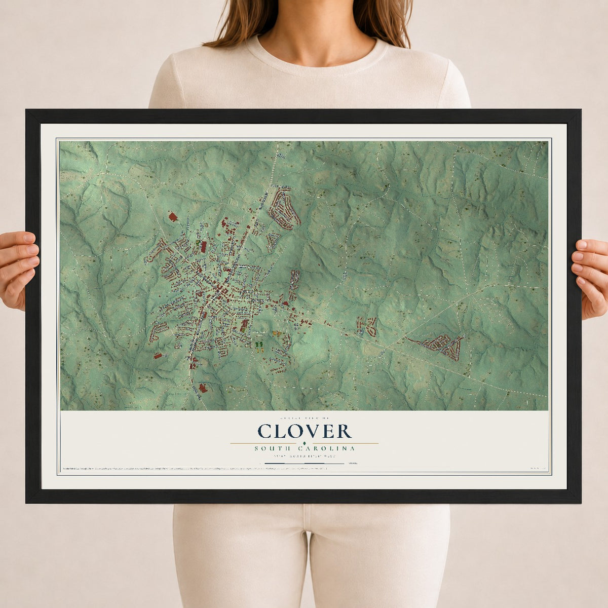 Map of Clover, South Carolina, 18 x 24 inch print in a black wood frame