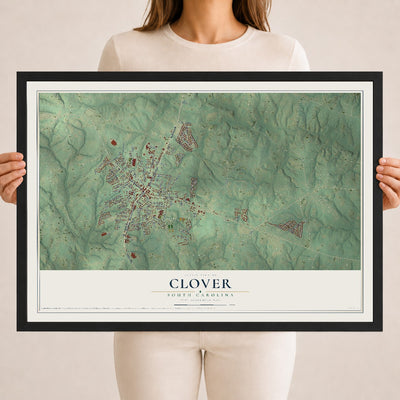 Map of Clover, South Carolina, 18 x 24 inch print in a black wood frame