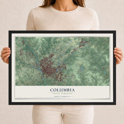 Map of Columbia, South Carolina, 12 x 18 inch print in a black wood frame