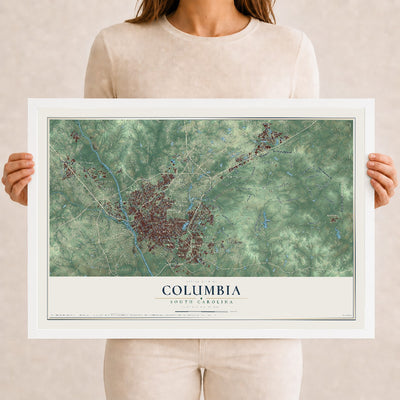 Map of Columbia, South Carolina, 12 x 18 inch print in a white wood frame