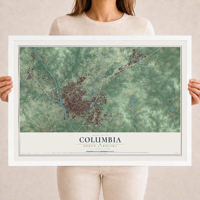 Map of Columbia, South Carolina, 18 x 24 inch print in a white wood frame