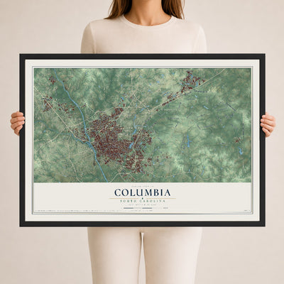 Map of Columbia, South Carolina, 24 x 36 inch print in a black wood frame