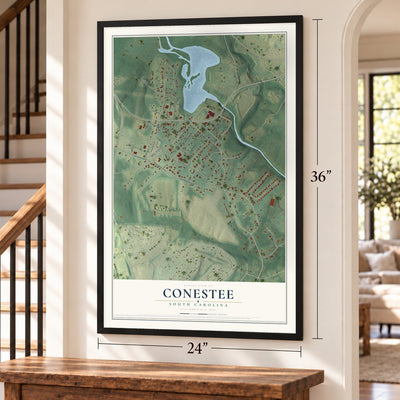 Conestee, South Carolina map, 24 x 36 inch print in a black frame by a staircase