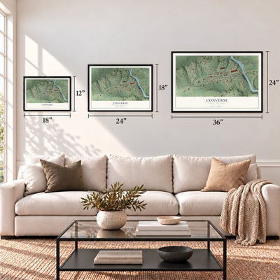 Converse, South Carolina map in 12 x 18, 18 x 24 and 24 x 36 inch sizes above a sofa