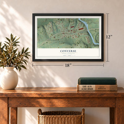 Converse, South Carolina map, 12 x 18 inch print in a black frame in an entryway