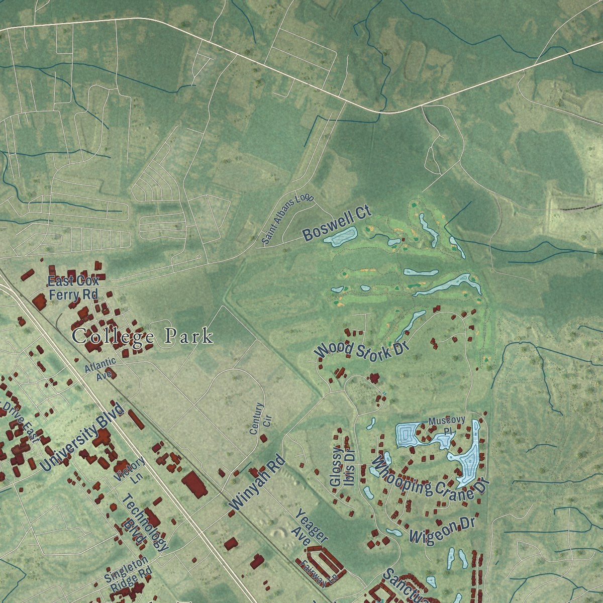 Second close-up of the map of Conway, South Carolina print showing more streets and buildings