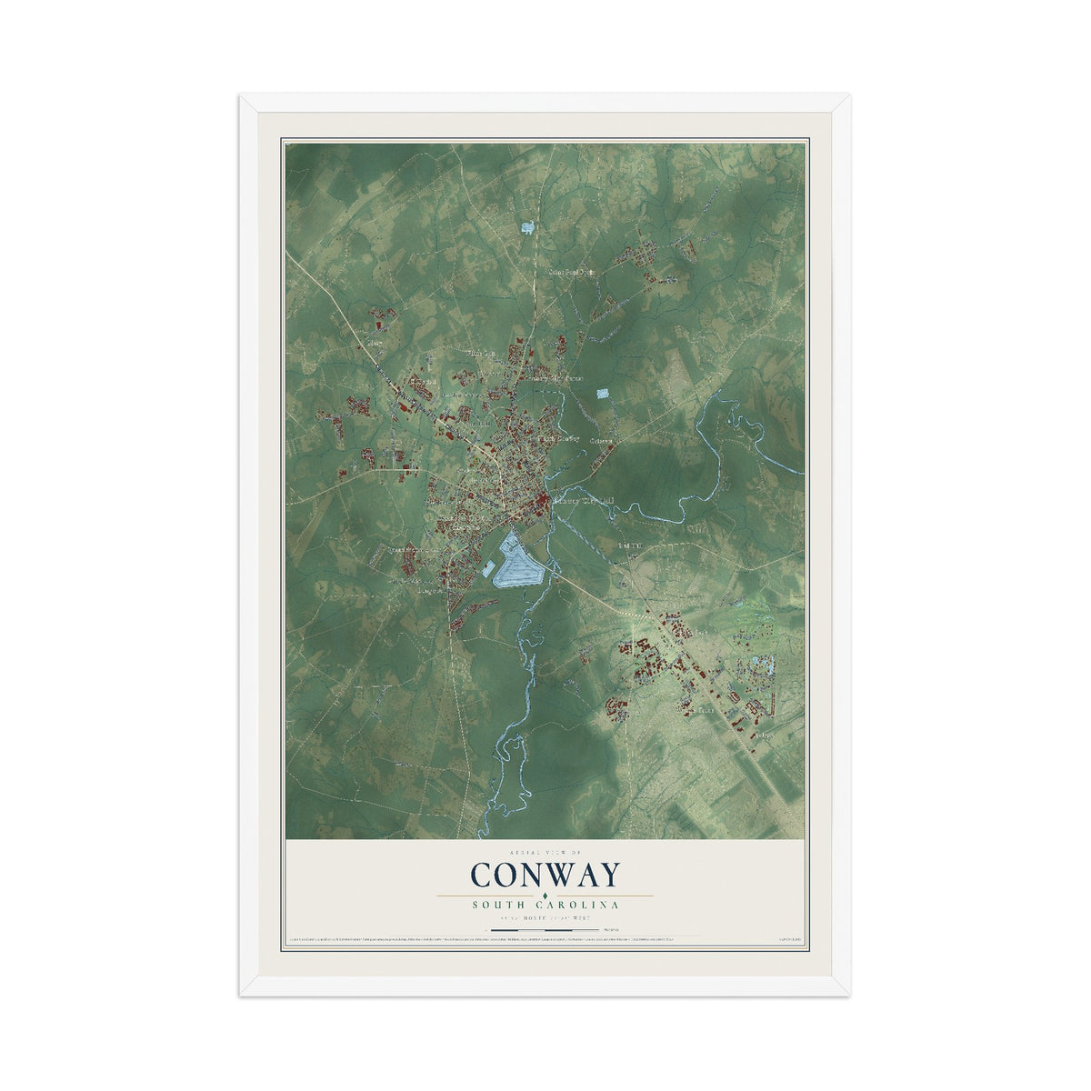 Map of Conway, South Carolina, 12 x 18 inch print in a white wood frame