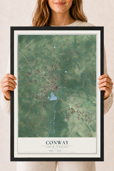 Map of Conway, South Carolina, 18 x 24 inch print in a black wood frame