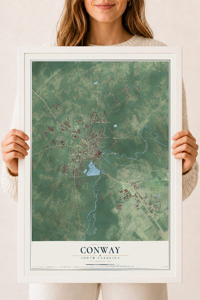 Map of Conway, South Carolina, 18 x 24 inch print in a white wood frame