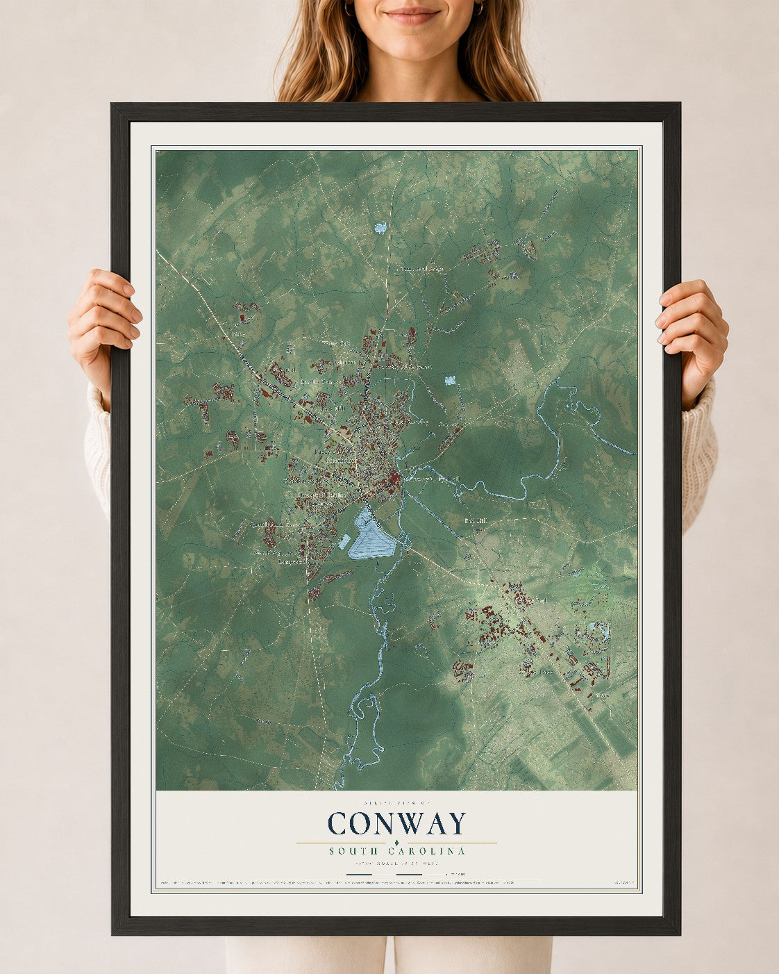 Map of Conway, South Carolina, 24 x 36 inch print in a black wood frame