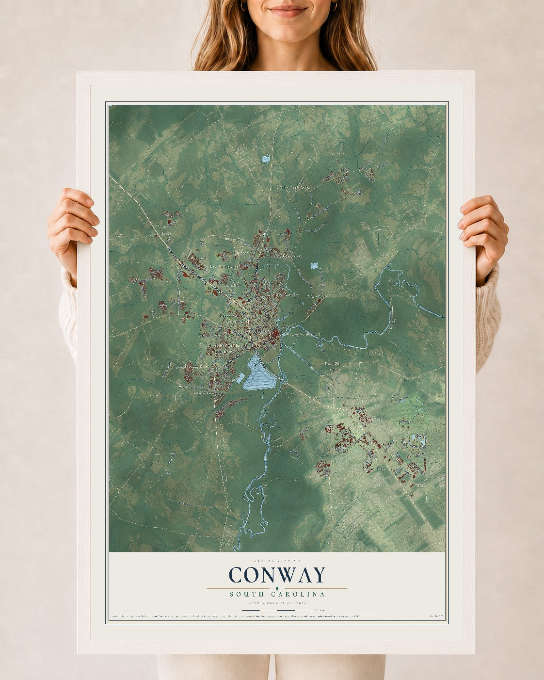 Map of Conway, South Carolina, 24 x 36 inch print in a white wood frame