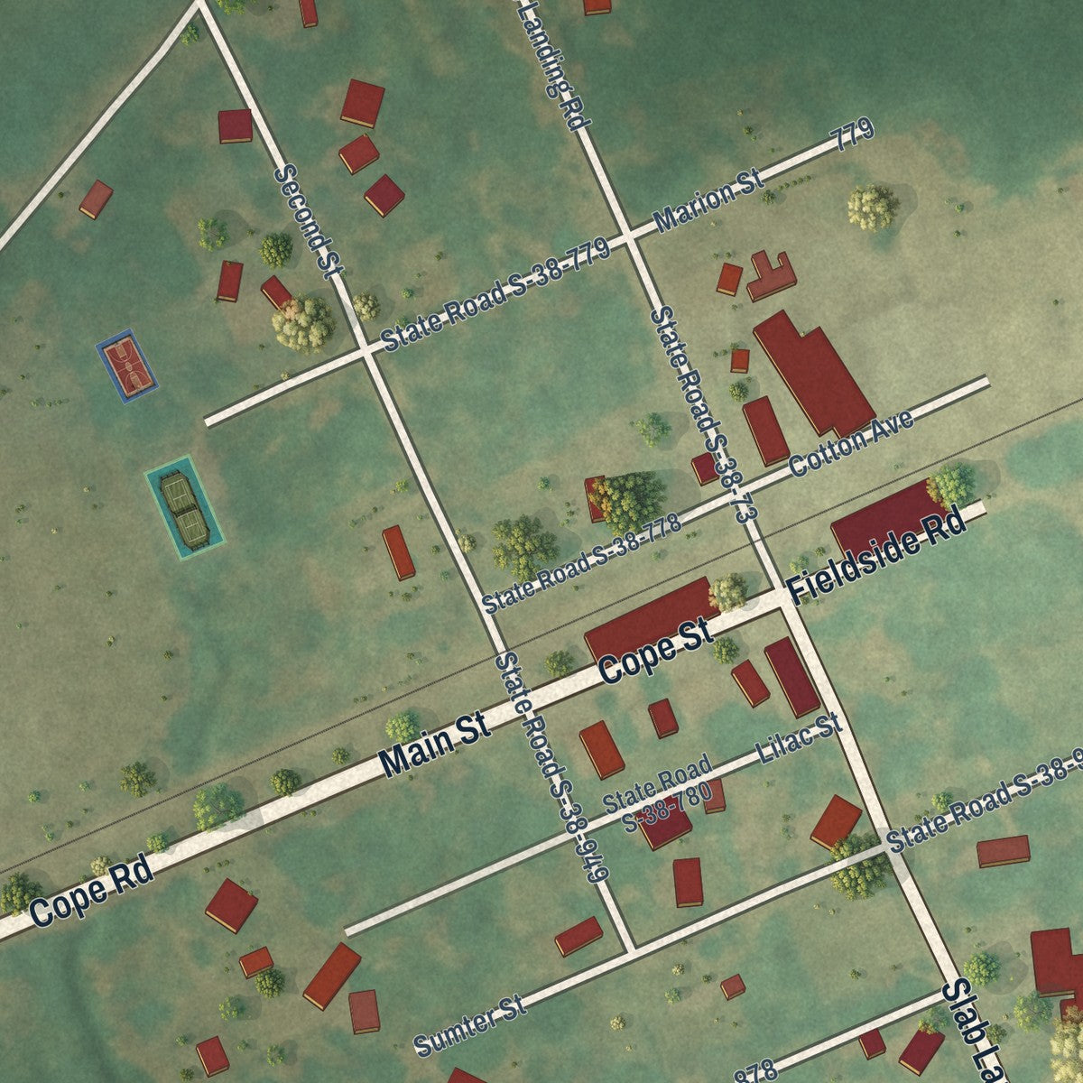 Close-up of the map of Cope, South Carolina print showing street and building detail