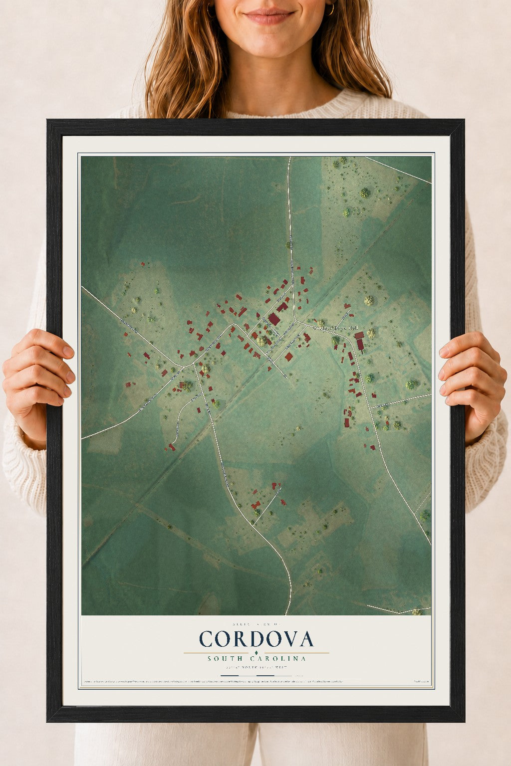 Map of Cordova, South Carolina, 18 x 24 inch print in a black wood frame