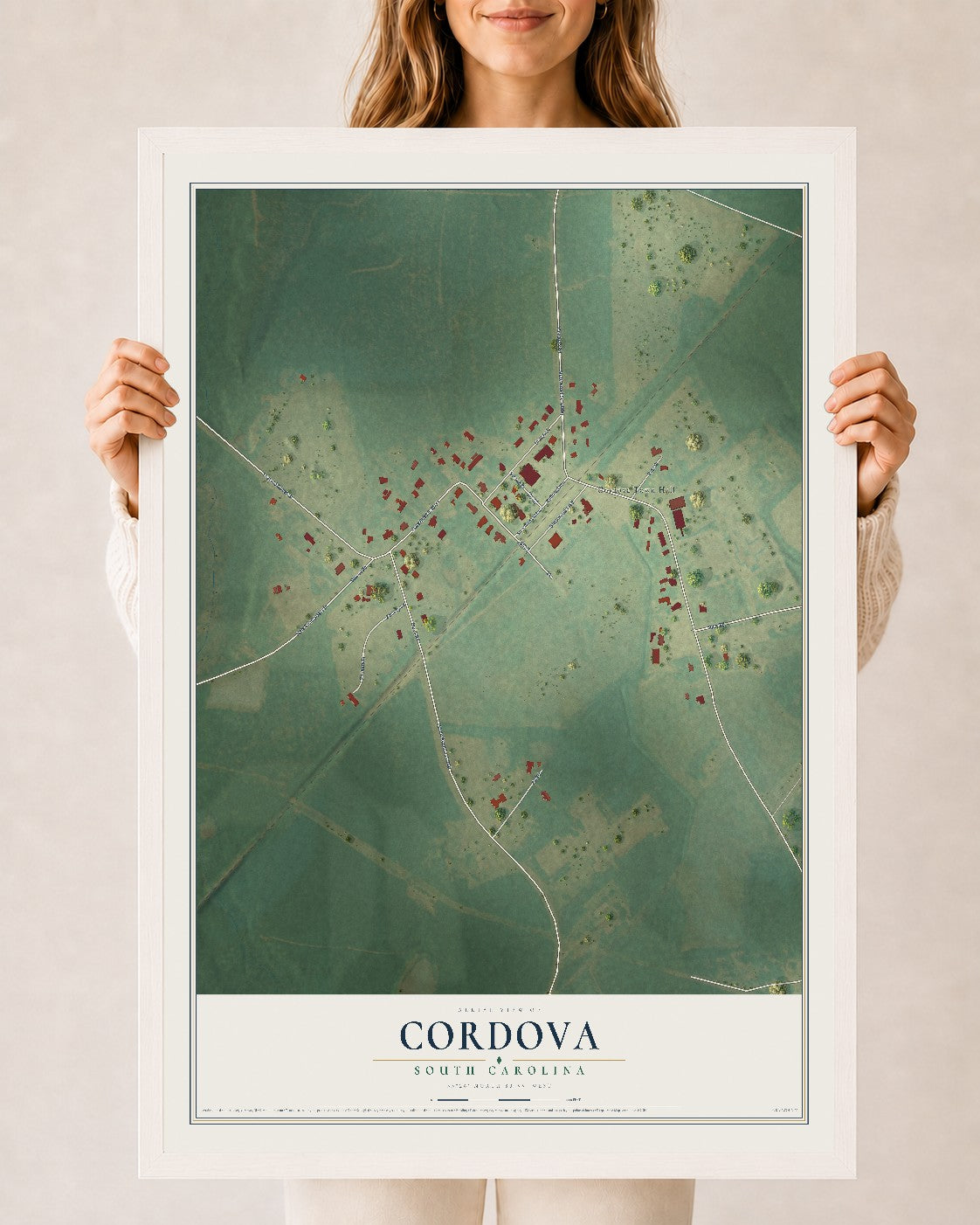 Map of Cordova, South Carolina, 24 x 36 inch print in a white wood frame