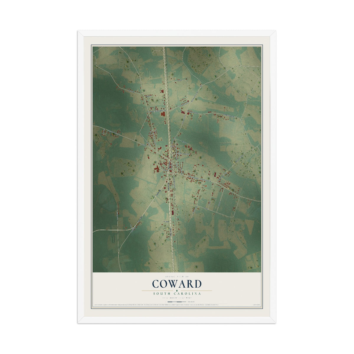 Map of Coward, South Carolina, 12 x 18 inch print in a white wood frame