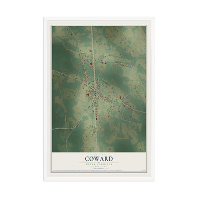 Map of Coward, South Carolina, 12 x 18 inch print in a white wood frame