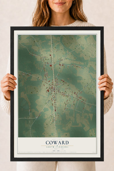 Map of Coward, South Carolina, 18 x 24 inch print in a black wood frame