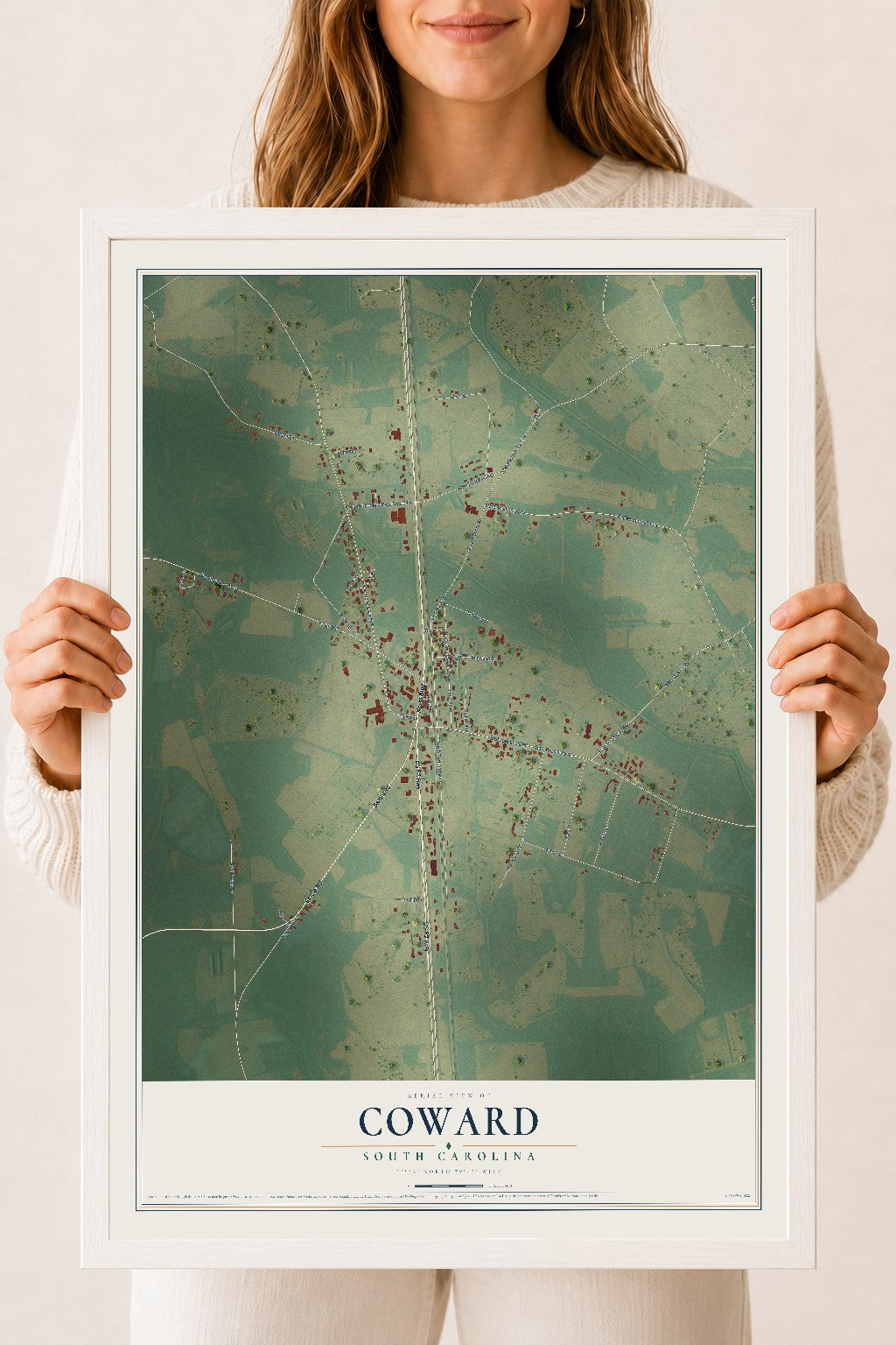 Map of Coward, South Carolina, 18 x 24 inch print in a white wood frame