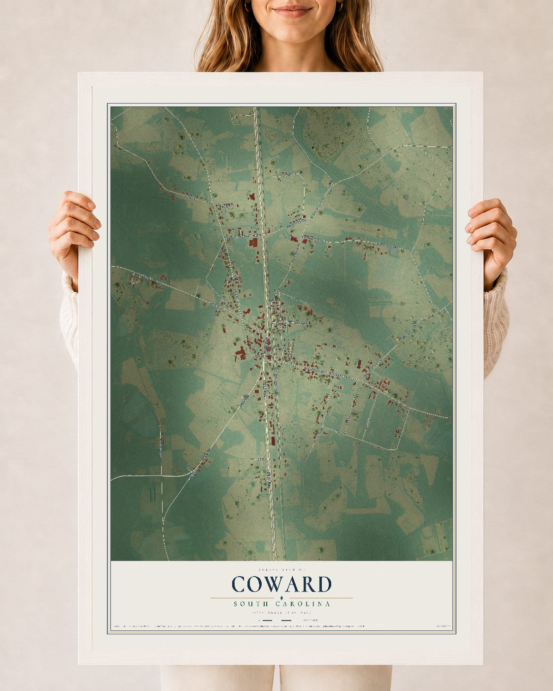 Map of Coward, South Carolina, 24 x 36 inch print in a white wood frame