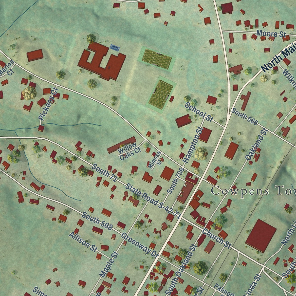 Close-up of the map of Cowpens, South Carolina print showing street and building detail