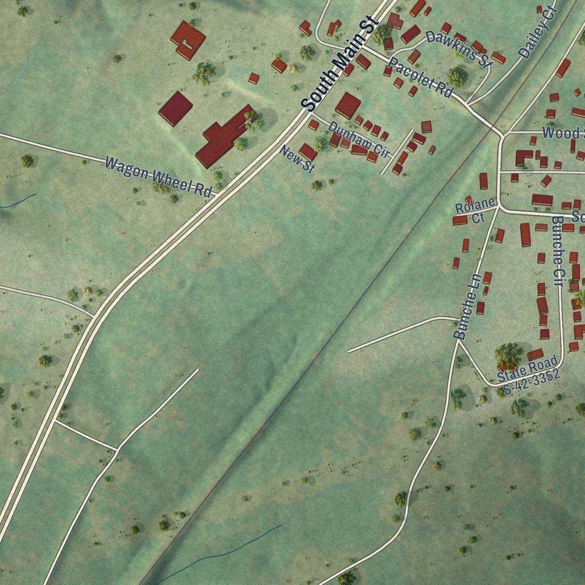 Second close-up of the map of Cowpens, South Carolina print showing more streets and buildings