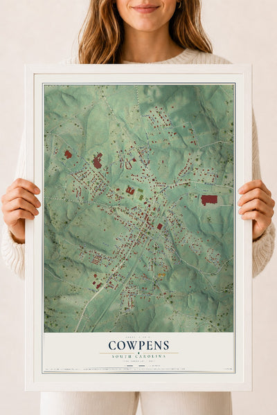 Map of Cowpens, South Carolina, 18 x 24 inch print in a white wood frame