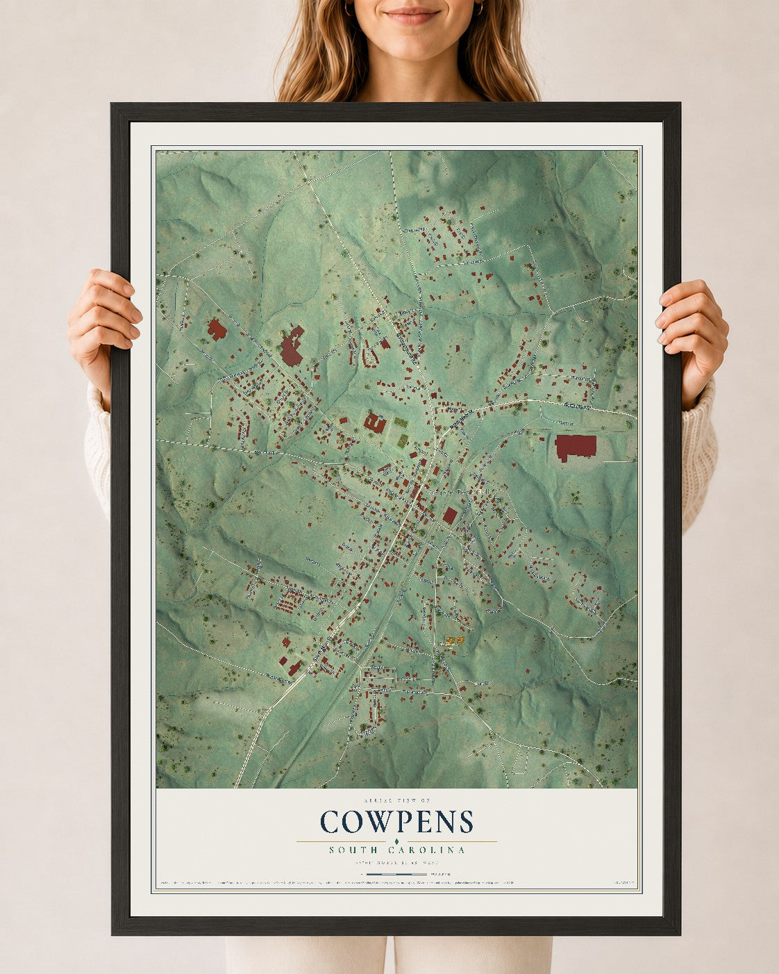 Map of Cowpens, South Carolina, 24 x 36 inch print in a black wood frame