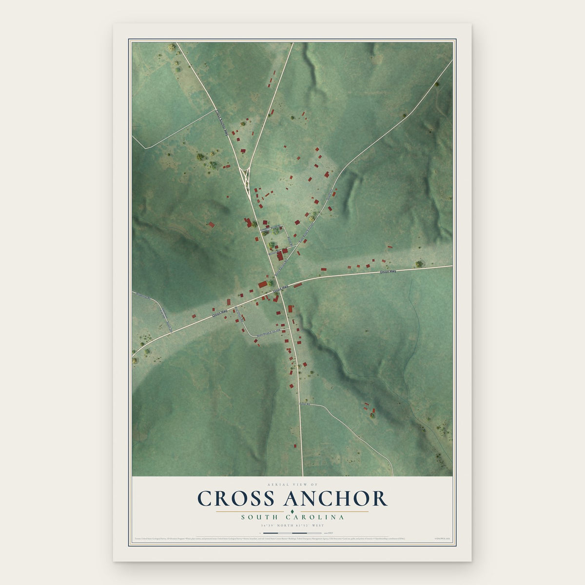 Cross Anchor, South Carolina map print, the full design