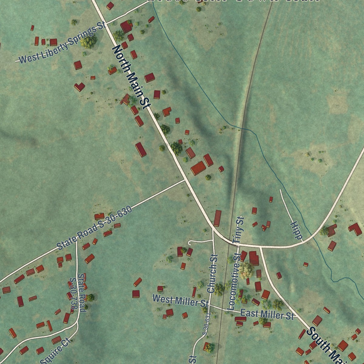 Close-up of the map of Cross Hill, South Carolina print showing street and building detail