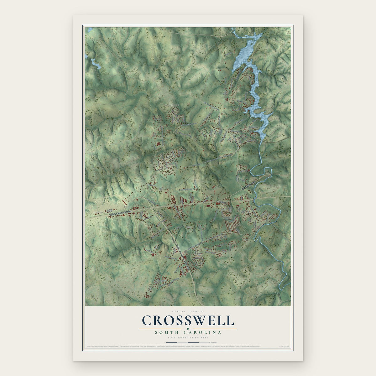 Crosswell, South Carolina map print, the full design