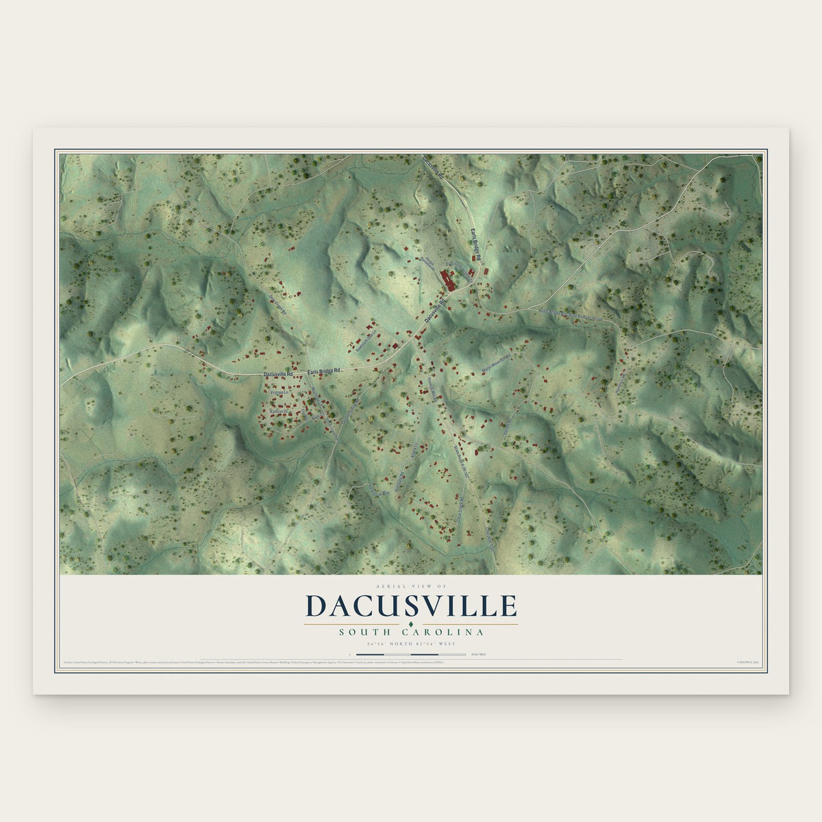 Dacusville, South Carolina map print, the full design