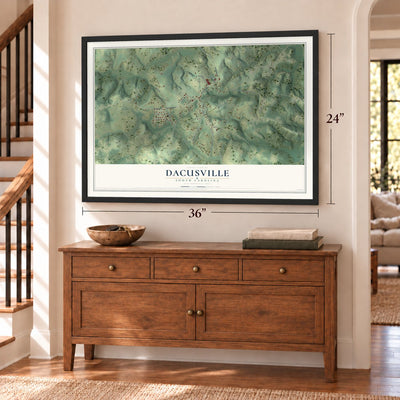 Dacusville, South Carolina map, 24 x 36 inch print in a black frame above a dresser by a staircase