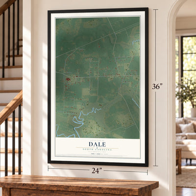 Dale, South Carolina map, 24 x 36 inch print in a black frame by a staircase