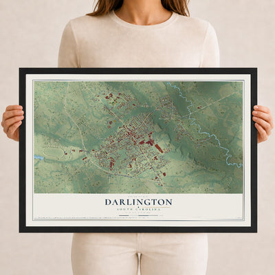 Map of Darlington, South Carolina, 12 x 18 inch print in a black wood frame