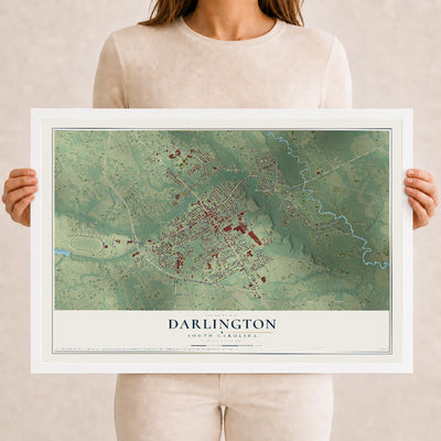 Map of Darlington, South Carolina, 12 x 18 inch print in a white wood frame