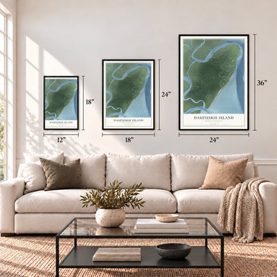 Daufuskie Island, South Carolina map in 12 x 18, 18 x 24 and 24 x 36 inch sizes above a sofa