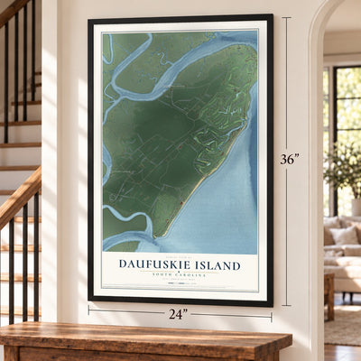Daufuskie Island, South Carolina map, 24 x 36 inch print in a black frame by a staircase