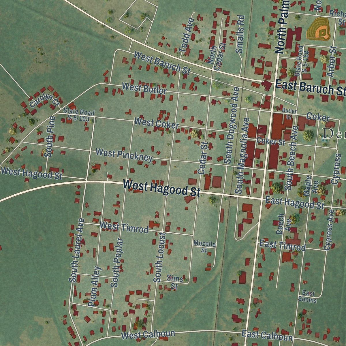 Close-up of the map of Denmark, South Carolina print showing street and building detail