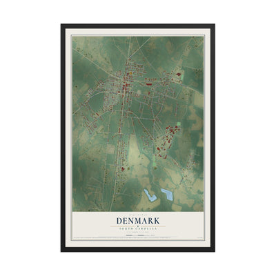 Map of Denmark, South Carolina, 12 x 18 inch print in a black wood frame