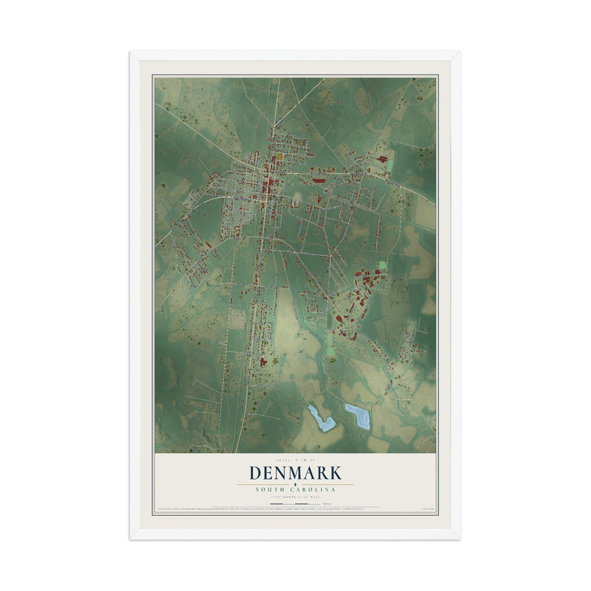 Map of Denmark, South Carolina, 12 x 18 inch print in a white wood frame
