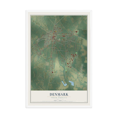 Map of Denmark, South Carolina, 12 x 18 inch print in a white wood frame