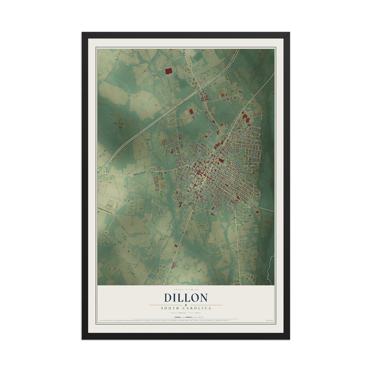 Map of Dillon, South Carolina, 12 x 18 inch print in a black wood frame
