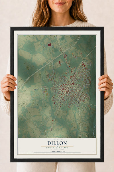 Map of Dillon, South Carolina, 18 x 24 inch print in a black wood frame