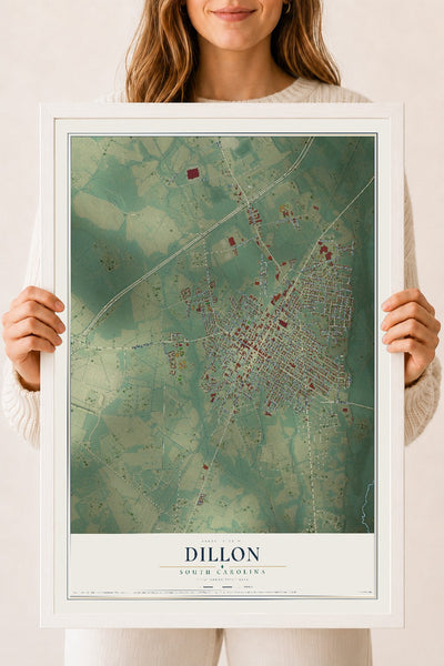 Map of Dillon, South Carolina, 18 x 24 inch print in a white wood frame