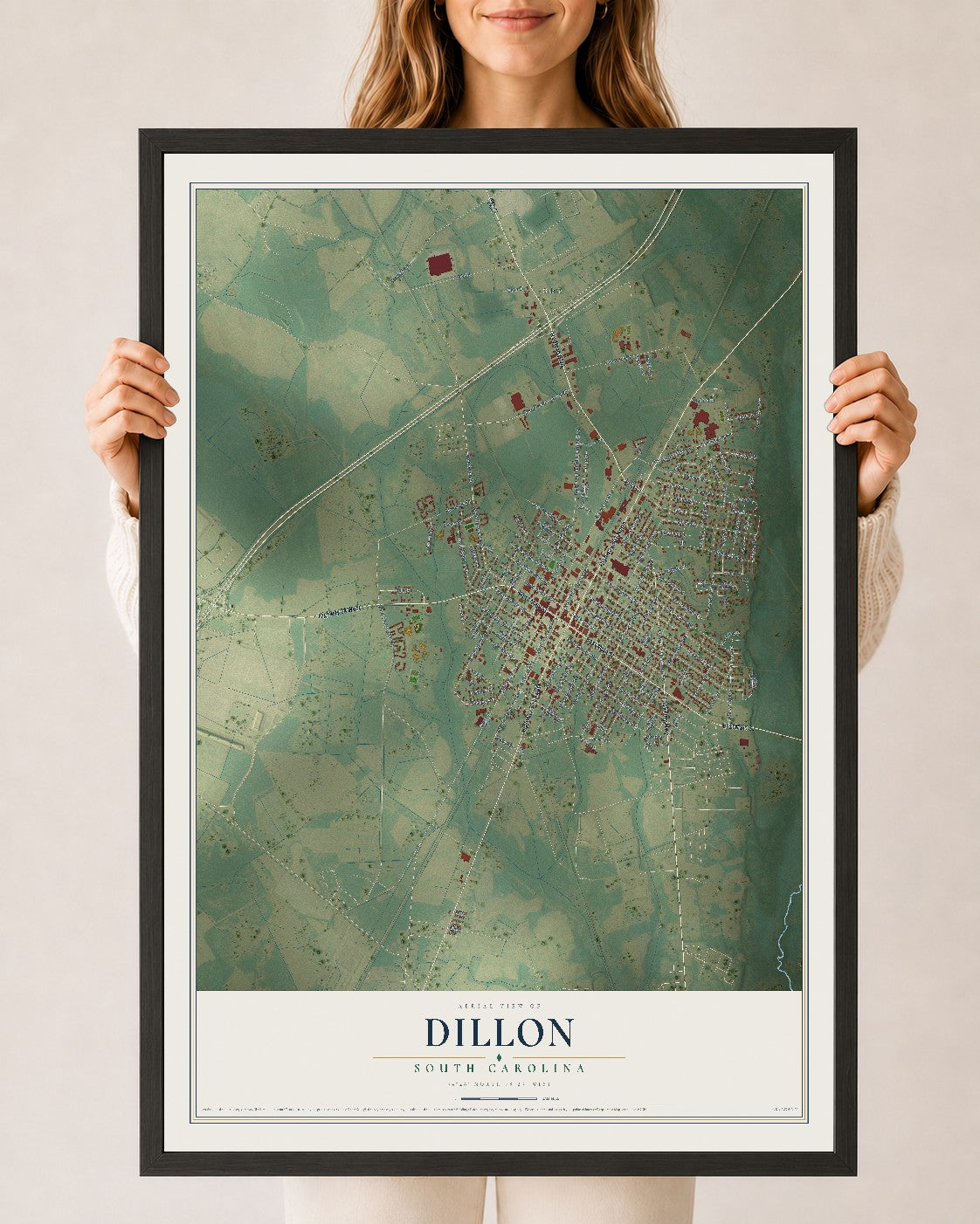 Map of Dillon, South Carolina, 24 x 36 inch print in a black wood frame