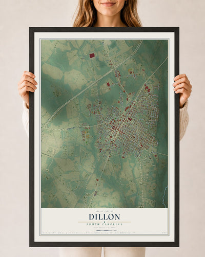 Map of Dillon, South Carolina, 24 x 36 inch print in a black wood frame