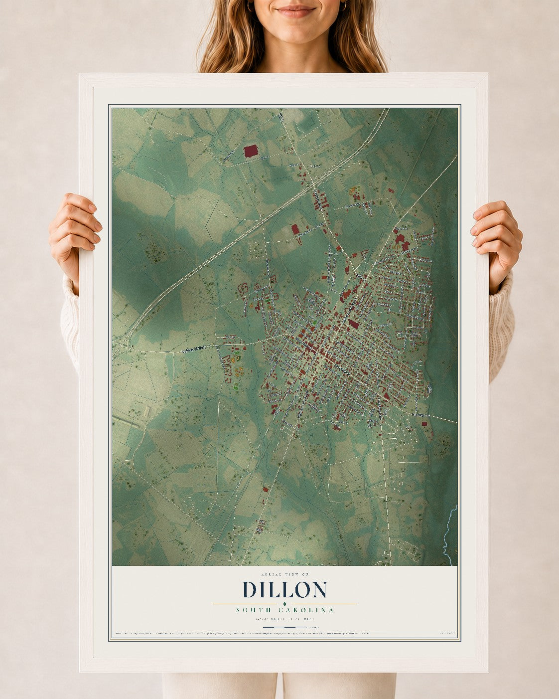 Map of Dillon, South Carolina, 24 x 36 inch print in a white wood frame